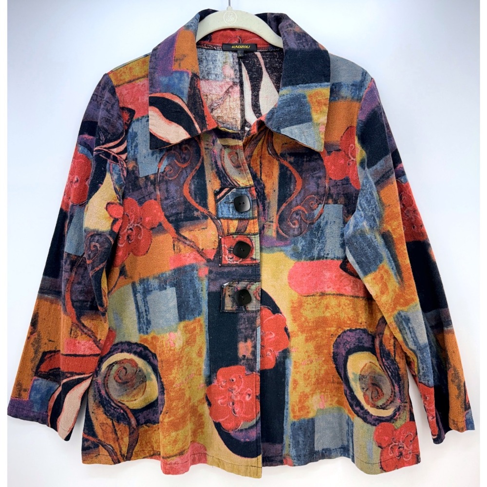 Radzoli Cotton Art To Wear Vintage Button Front Jacket Sz L Artsy Boho Lagenlook